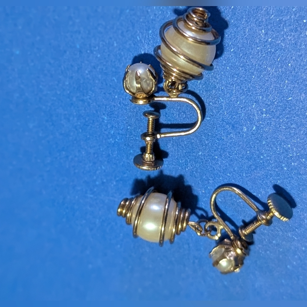 Vintage Signed Faux Pearl 12K GF Gold Filled Earrings Screw Back
